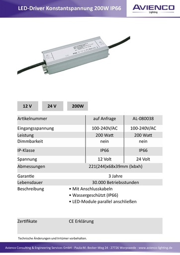 LED Versorger Konstantspannung 200W 24V, IP66