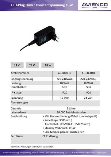LED Steckernetzgerät Konstantspannung 18W