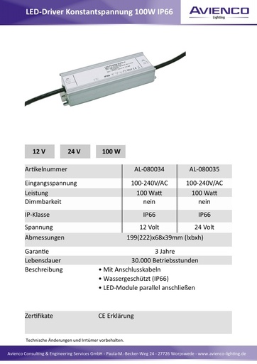 LED Versorger Konstantspannung 100W IP66